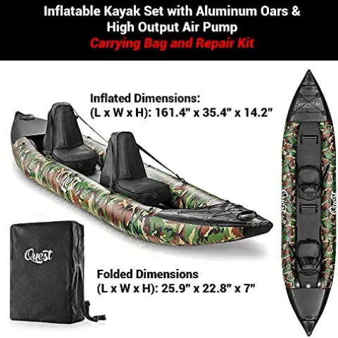 SereneLife 2 Person Inflatable Kayak – Double Kayak with Aluminum Paddles, Repair Kit – Lightweight, Portable Adult Kayaks with High-Output Pump – Durable Vinyl Kayak for Lake, Mild River – Camo