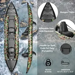 SereneLife 2 Person Inflatable Kayak – Double Kayak with Aluminum Paddles, Repair Kit – Lightweight, Portable Adult Kayaks with High-Output Pump – Durable Vinyl Kayak for Lake, Mild River – Camo