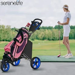 SereneLife 3 Wheel Golf Push Cart – Lightweight Folding Walking Push Cart Roller Golf Bag Holder with Brake, Bracket, and Storage – Assorted