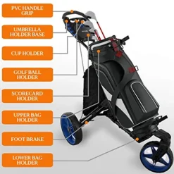 SereneLife 3 Wheel Golf Push Cart – Lightweight Folding Walking Push Cart Roller Golf Bag Holder with Brake, Bracket, and Storage – Assorted