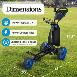 SereneLife 3-Wheel Electric Golf Push Cart – Rechargeable Lightweight Folding Walking Push Cart Roller Golf Bag Holder with Foot Brake, Upper/Lower Bracket with Elastic Strap, Umbrella Holder Assorted