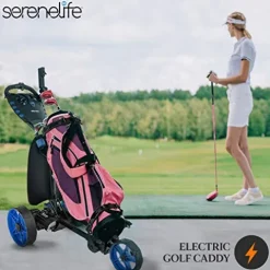 SereneLife 3-Wheel Electric Golf Push Cart – Rechargeable Lightweight Folding Walking Push Cart Roller Golf Bag Holder with Foot Brake, Upper/Lower Bracket with Elastic Strap, Umbrella Holder Assorted