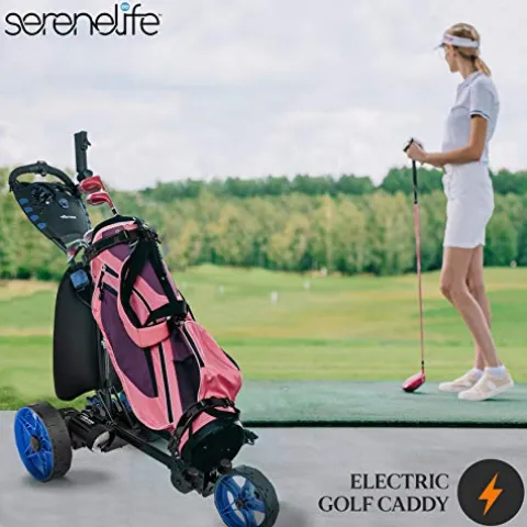 SereneLife 3-Wheel Electric Golf Push Cart – Rechargeable Lightweight Folding Walking Push Cart Roller Golf Bag Holder with Foot Brake, Upper/Lower Bracket with Elastic Strap, Umbrella Holder Assorted