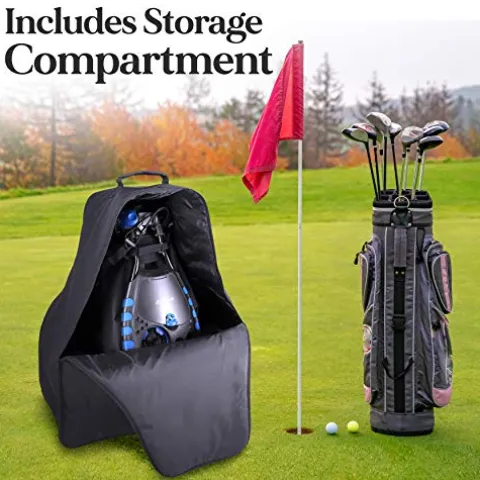 SereneLife 3-Wheel Electric Golf Push Cart – Rechargeable Lightweight Folding Walking Push Cart Roller Golf Bag Holder with Foot Brake, Upper/Lower Bracket with Elastic Strap, Umbrella Holder Assorted