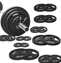 Signature Fitness Cast Iron Olympic Weight Plates & Barbell Set 325LB with Barbell