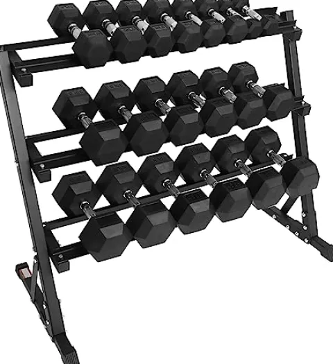 Signature Fitness 550LB Rubber Coated Hex Dumbbell Weight Set with 3-Tier Storage Rack Black