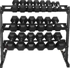 Signature Fitness 550LB Rubber Coated Hex Dumbbell Weight Set with 3-Tier Storage Rack Black