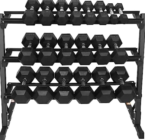 Signature Fitness 550LB Rubber Coated Hex Dumbbell Weight Set with 3-Tier Storage Rack Black
