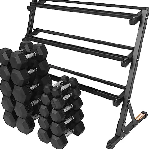 Signature Fitness 550LB Rubber Coated Hex Dumbbell Weight Set with 3-Tier Storage Rack Black