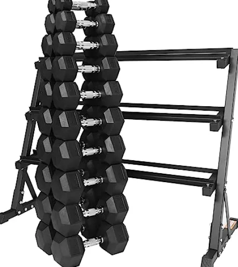 Signature Fitness 550LB Rubber Coated Hex Dumbbell Weight Set with 3-Tier Storage Rack Black