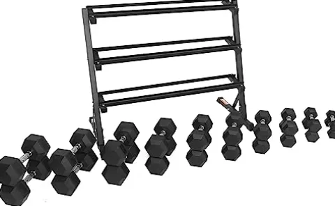 Signature Fitness 550LB Rubber Coated Hex Dumbbell Weight Set with 3-Tier Storage Rack Black