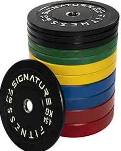 Signature Fitness Olympic Bumper Plate Weight Plates with 7FT Barbell 370LB Set Colored