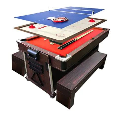 SIMBASHOPPING USA 7FT Multigame Pool Table with Air Hockey, Table Tennis, Red Brown