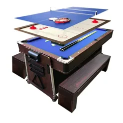 SIMBASHOPPING USA 7FT Multigame Pool Table Blue/Brown Air Hockey + Table Tennis