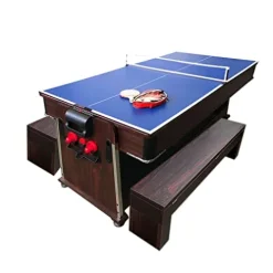 SIMBASHOPPING USA 7FT Multigame Pool Table Blue/Brown Air Hockey + Table Tennis