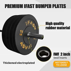 SimpleL Olympic Barbell Black Rubber Bumper Plates Set – 340LBs Total
