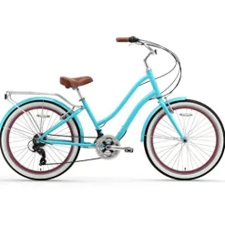 sixthreezero EVRYjourney Women’s 21-Speed Step-Through Hybrid Cruiser Bicycle Teal w/Brown Seat/Grips