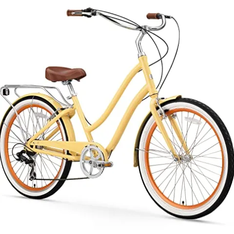 sixthreezero EVRYjourney Women’s 7-Speed Hybrid Cruiser Bicycle Cream w/Brown Seat/Grips