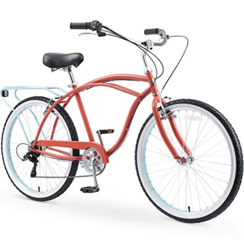 sixthreezero Men’s Beach Cruiser Bike 7-Speed Step-Through Hybrid Bicycle 26″ Brick Pool w/ Black Seat/Grips