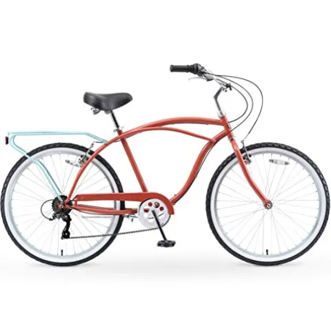 sixthreezero Men’s Beach Cruiser Bike 7-Speed Step-Through Hybrid Bicycle 26″ Brick Pool w/ Black Seat/Grips