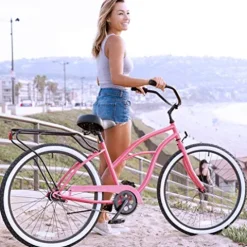 sixthreezero Women’s Beach Cruiser Bike Around The Block Hybrid Bicycle Coral w/ Black Seat/Grips