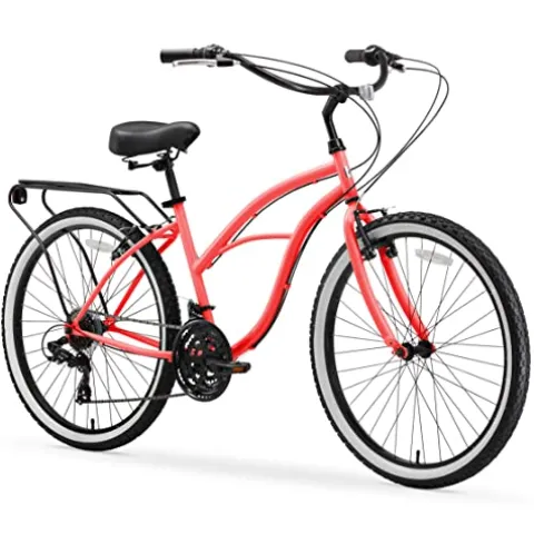 sixthreezero Women’s Beach Cruiser Bike 21-Speed Step-Through Touring Hybrid Bicycle Coral w/ Black Seat/Grips