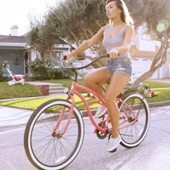 sixthreezero Women’s Beach Cruiser Bike 21-Speed Step-Through Touring Hybrid Bicycle Coral w/ Black Seat/Grips