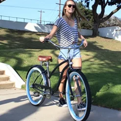 sixthreezero Women’s Single Speed Beach Cruiser Bicycle Breathe Blue w/ Brown Seat/Grips