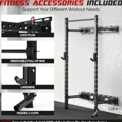 SkiPack Folding Squat Rack Wall Mounted with Weight Bench Black