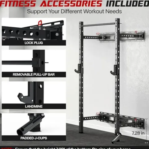 SkiPack Folding Squat Rack Wall Mounted with Weight Bench Black