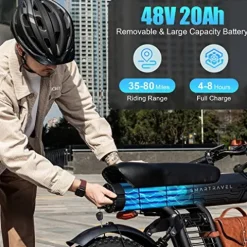 SMARTRAVEL Electric Bike with 1200W Brushless Motor, 32MPH, 20Ah Removable Battery, 20″ Fat Tire, Front/Rear Turn Signals, Travel Bag, Matte Black