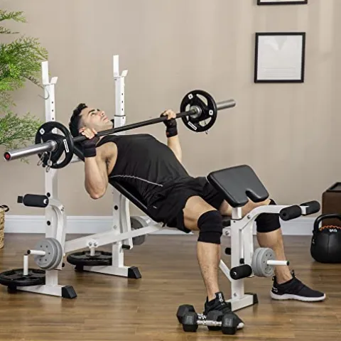 Soozier Adjustable Weight Bench with Squat Rack, Preacher Curl Pad, Leg Developer, Butterfly and Weight Storage Black and White