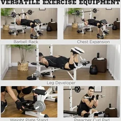 Soozier Adjustable Weight Bench with Squat Rack, Preacher Curl Pad, Leg Developer, Butterfly and Weight Storage Black and White