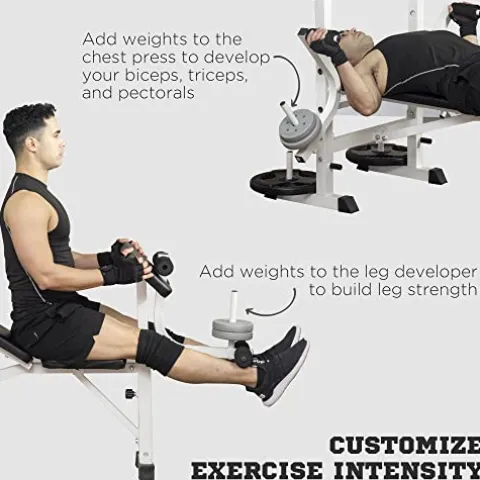 Soozier Adjustable Weight Bench with Squat Rack, Preacher Curl Pad, Leg Developer, Butterfly and Weight Storage Black and White