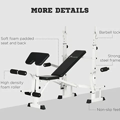Soozier Adjustable Weight Bench with Squat Rack, Preacher Curl Pad, Leg Developer, Butterfly and Weight Storage Black and White
