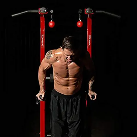 Stamina X Fortress Power Tower with Plyo Box – Dip Bar Pull Up Bar Station – Red