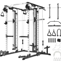 STMHOM Power Cage Smithbar White, 2000 Lbs Power Rack with Cable Crossover System, Multi-Functional Squat Rack with LAT Pulldown for Home Gym