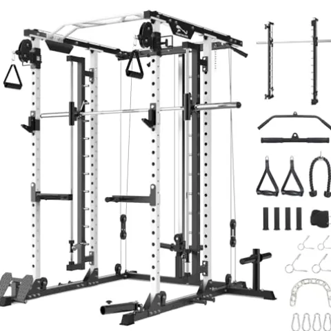STMHOM Power Cage Smithbar White, 2000 Lbs Power Rack with Cable Crossover System, Multi-Functional Squat Rack with LAT Pulldown for Home Gym