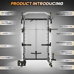 STMHOM Power Cage Smithbar White, 2000 Lbs Power Rack with Cable Crossover System, Multi-Functional Squat Rack with LAT Pulldown for Home Gym