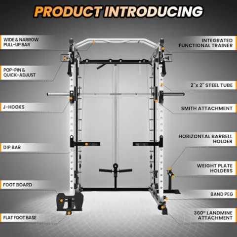 STMHOM Power Cage Smithbar White, 2000 Lbs Power Rack with Cable Crossover System, Multi-Functional Squat Rack with LAT Pulldown for Home Gym