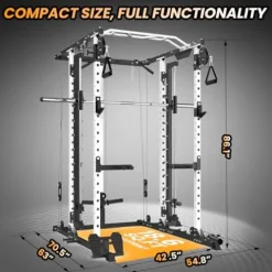 STMHOM Power Cage Smithbar White, 2000 Lbs Power Rack with Cable Crossover System, Multi-Functional Squat Rack with LAT Pulldown for Home Gym