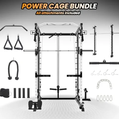 STMHOM Power Cage Smithbar White, 2000 Lbs Power Rack with Cable Crossover System, Multi-Functional Squat Rack with LAT Pulldown for Home Gym