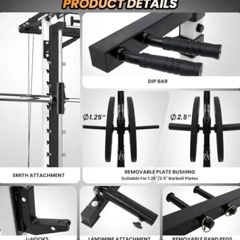 STMHOM Power Cage Smithbar White, 2000 Lbs Power Rack with Cable Crossover System, Multi-Functional Squat Rack with LAT Pulldown for Home Gym