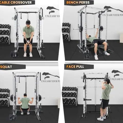 STMHOM Power Cage Smithbar White, 2000 Lbs Power Rack with Cable Crossover System, Multi-Functional Squat Rack with LAT Pulldown for Home Gym