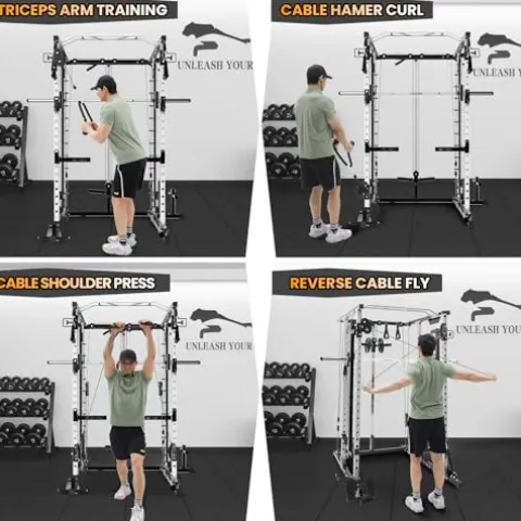 STMHOM Power Cage Smithbar White, 2000 Lbs Power Rack with Cable Crossover System, Multi-Functional Squat Rack with LAT Pulldown for Home Gym