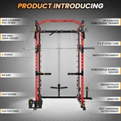 STMHOM Power Cage with Smithbar, 2000 Lbs Power Rack, Cable Crossover System, Black/Smithbar Red