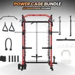 STMHOM Power Cage with Smithbar, 2000 Lbs Power Rack, Cable Crossover System, Black/Smithbar Red