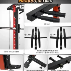 STMHOM Power Cage with Smithbar, 2000 Lbs Power Rack, Cable Crossover System, Black/Smithbar Red