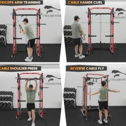 STMHOM Power Cage with Smithbar, 2000 Lbs Power Rack, Cable Crossover System, Black/Smithbar Red