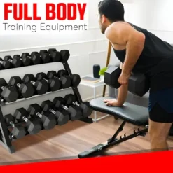 StrengthUSA Rubber Hex Dumbbell Set with Rack 450 lbs Black